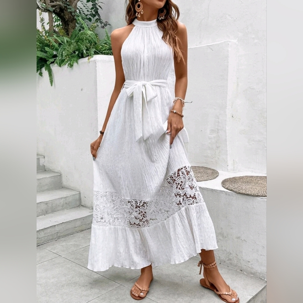 New Boho Sheer Embroidered Lace Halter Maxi Dress White